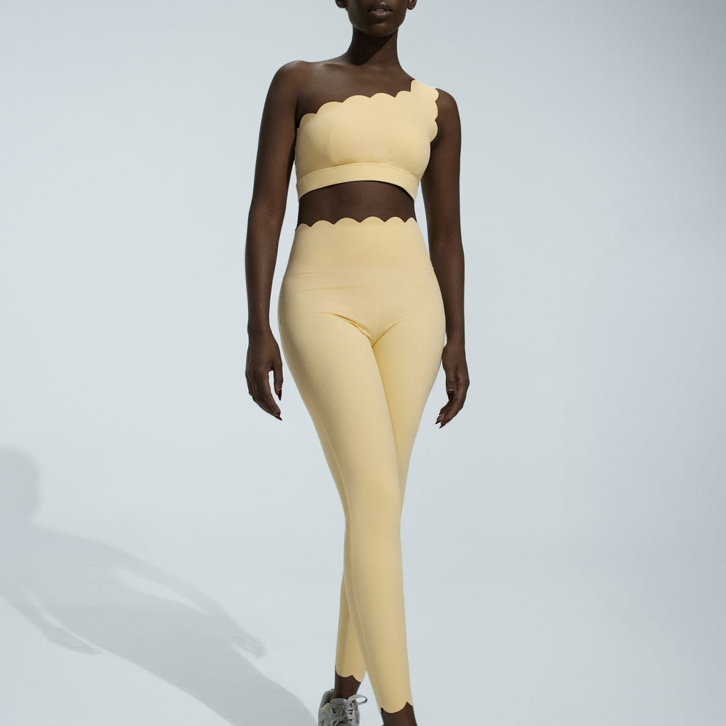 Scalloped One Shoulder High Waist Yoga Leggings Set - Lemon