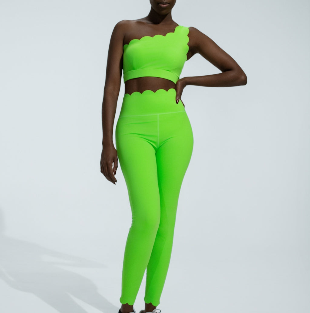 Scalloped One Shoulder High Waist Yoga Leggings Set - Neon Green