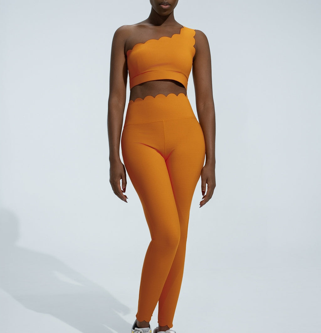 Scalloped One Shoulder High Waist Yoga Leggings Set - Orange
