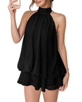 Flowy Halter Tiered Ruffle Mini Dress - Black