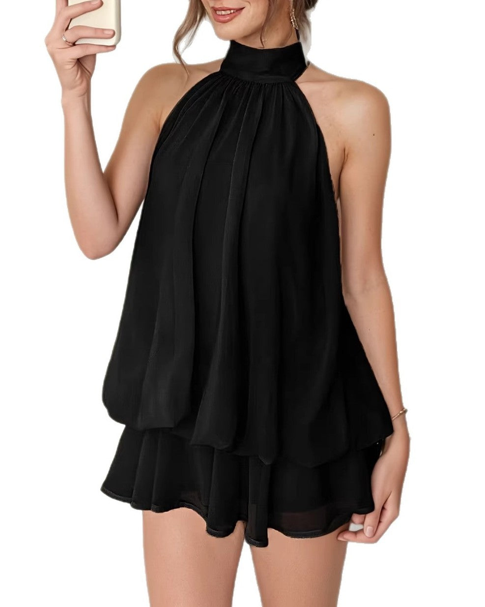 Flowy Halter Tiered Ruffle Mini Dress - Black