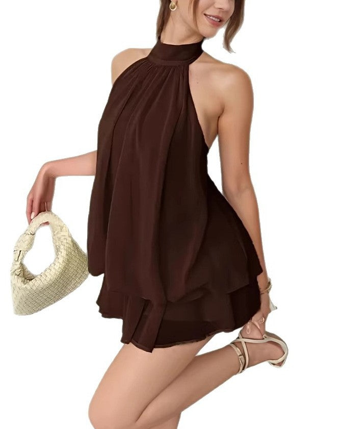 Flowy Halter Tiered Ruffle Mini Dress - Brown