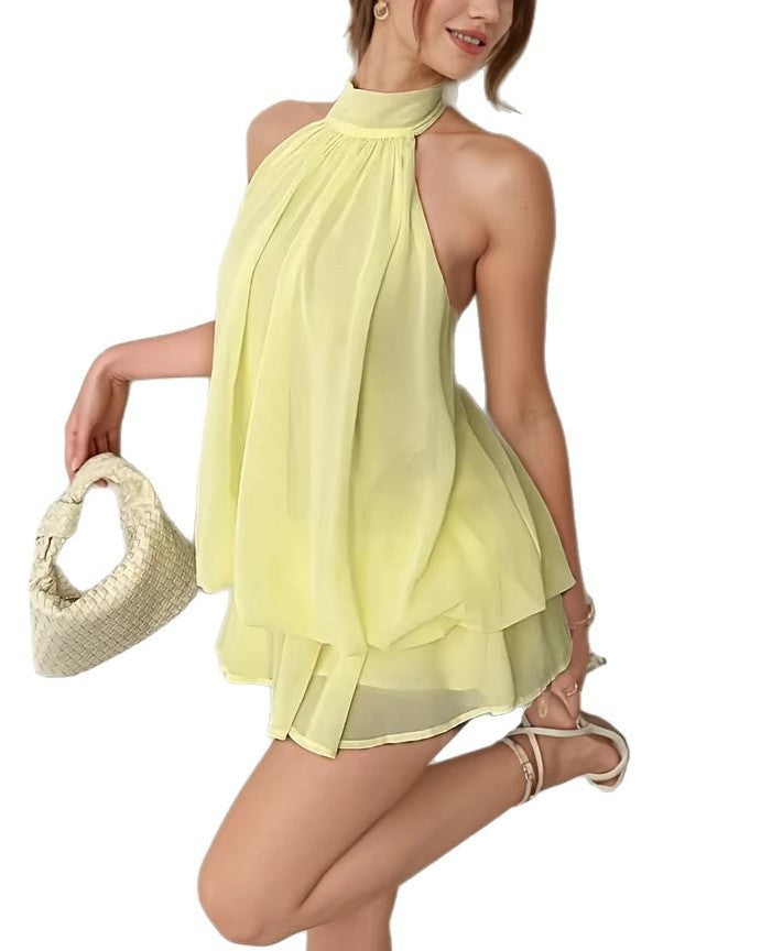 Flowy Halter Tiered Ruffle Mini Dress - Yellow