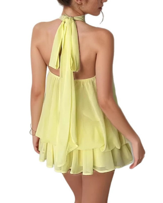 Flowy Halter Tiered Ruffle Mini Dress - Yellow - 1