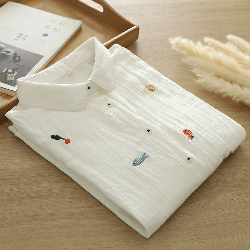 Tiny Doodle Embroidered Cotton Button Up Shirt - white - 11