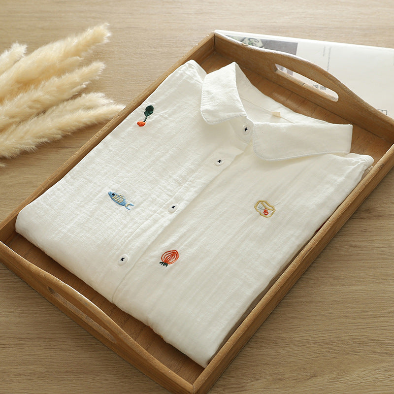 Tiny Doodle Embroidered Cotton Button Up Shirt - white - 12