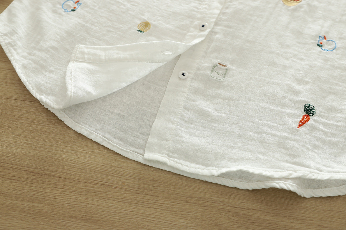 Tiny Doodle Embroidered Cotton Button Up Shirt - white - 7