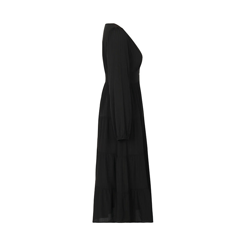 Button Front V-Neck Tiered Maxi Dress - Black - 1