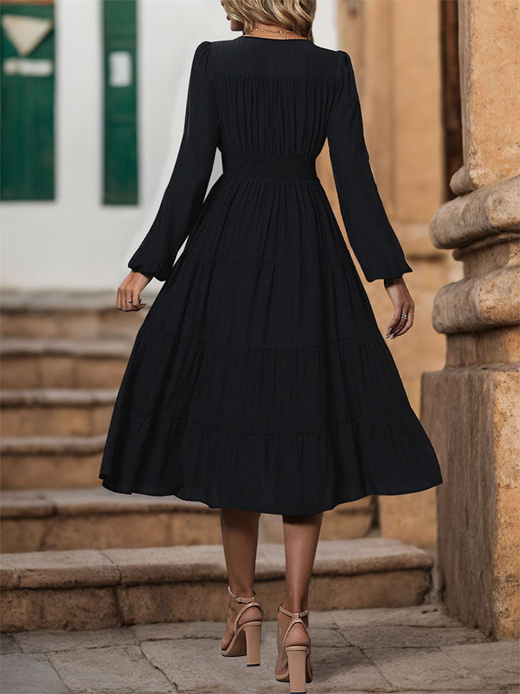 Button Front V-Neck Tiered Maxi Dress - Black - 3