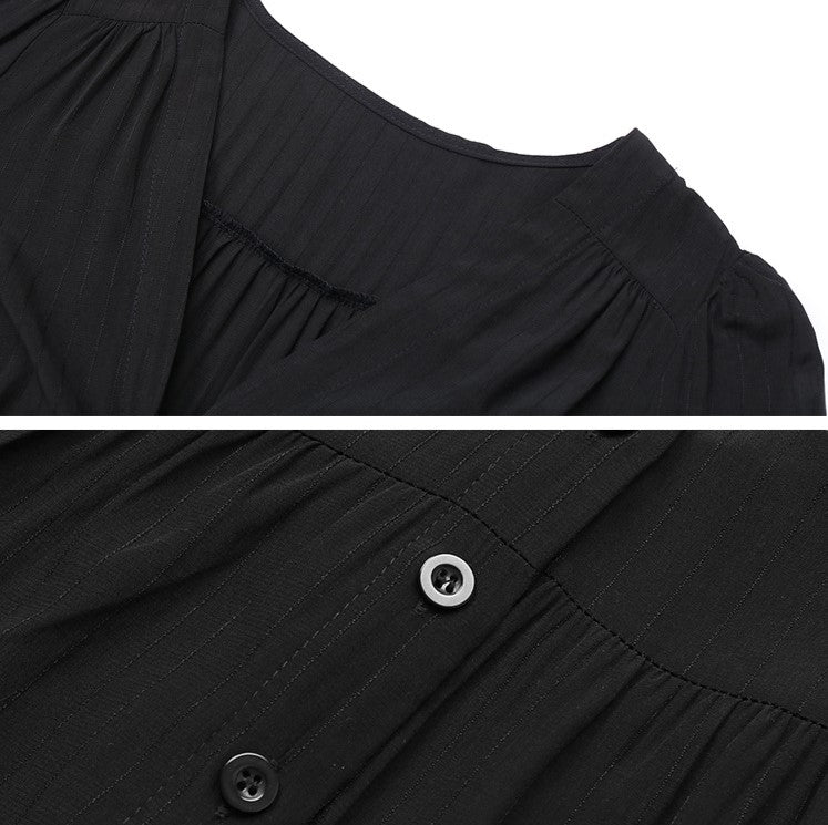 Button Front V-Neck Tiered Maxi Dress - Black - 4