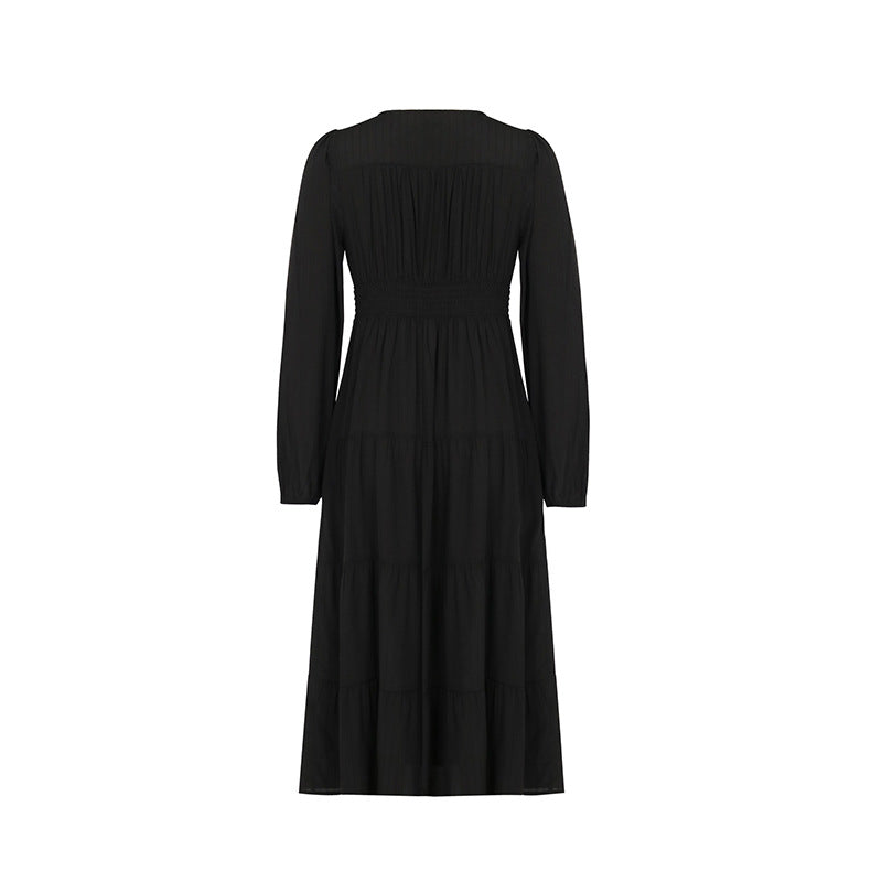 Button Front V-Neck Tiered Maxi Dress - Black - 5