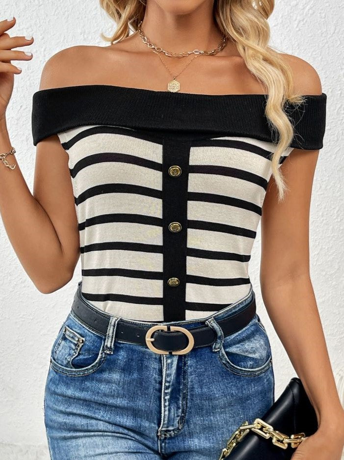 Striped Off Shoulder Button Front Knit Top - Black - 1