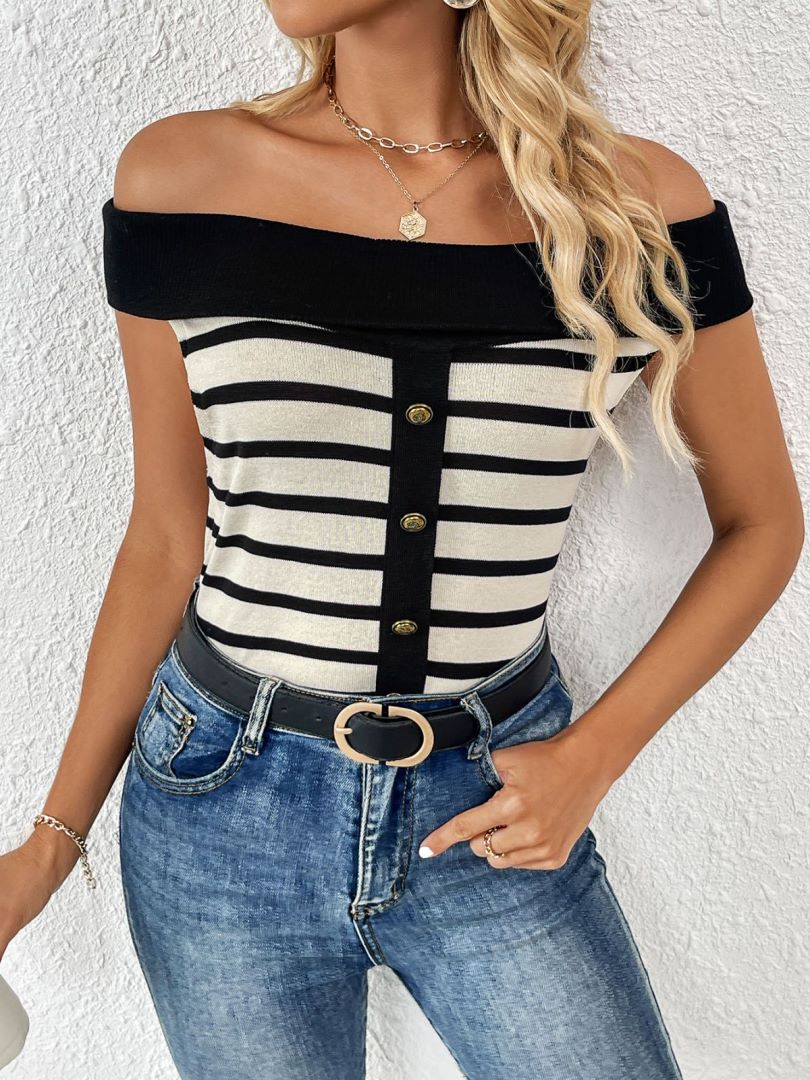 Striped Off Shoulder Button Front Knit Top - Black - 2