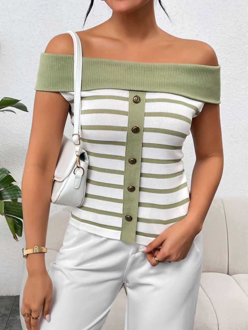 Striped Off Shoulder Button Front Knit Top - Green