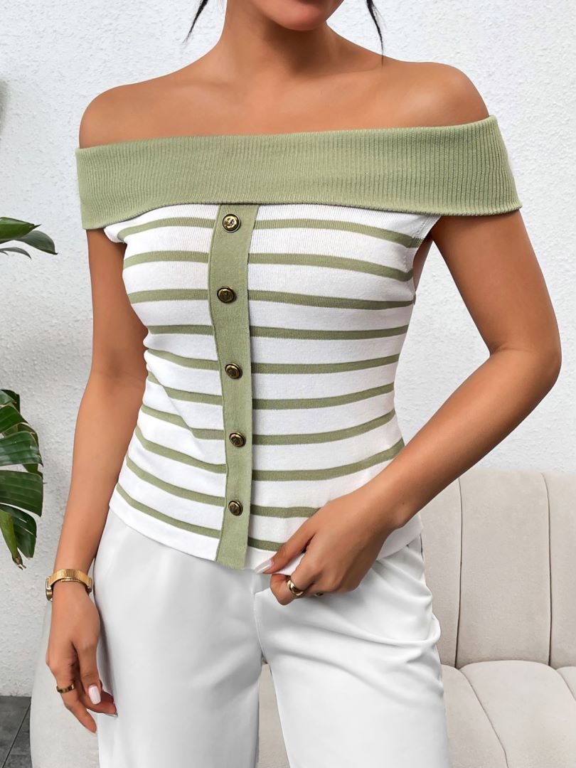 Striped Off Shoulder Button Front Knit Top - Green - 1