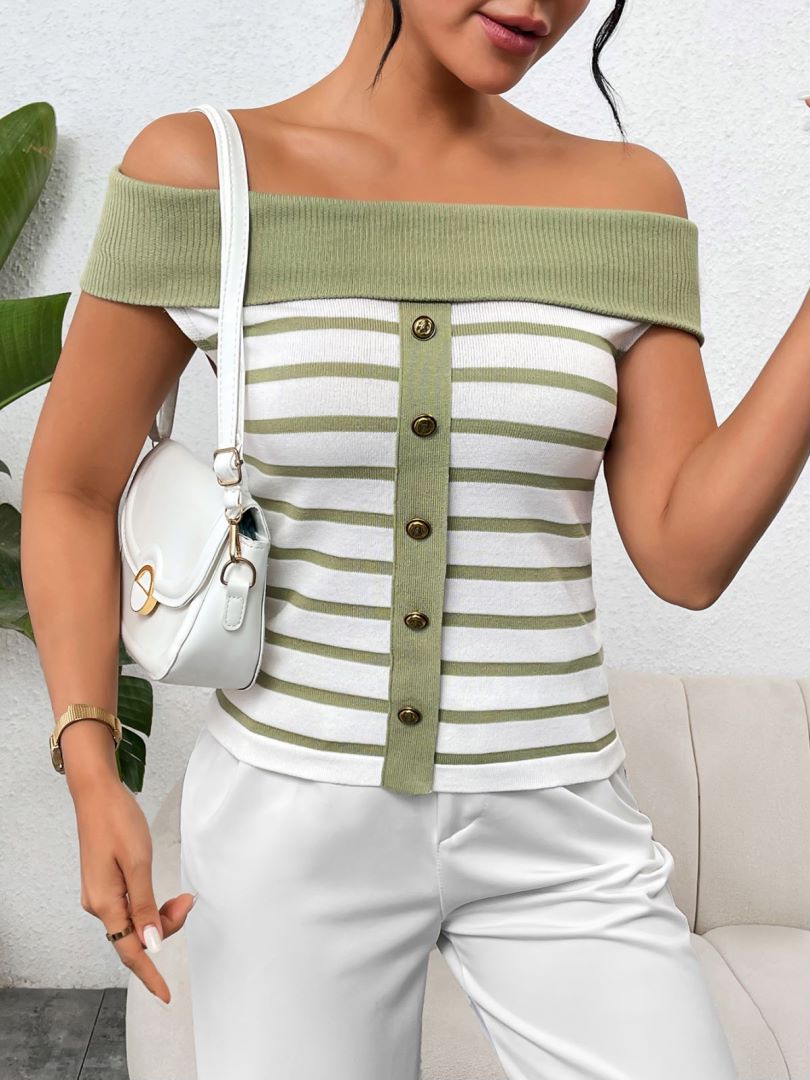Striped Off Shoulder Button Front Knit Top - Green - 2