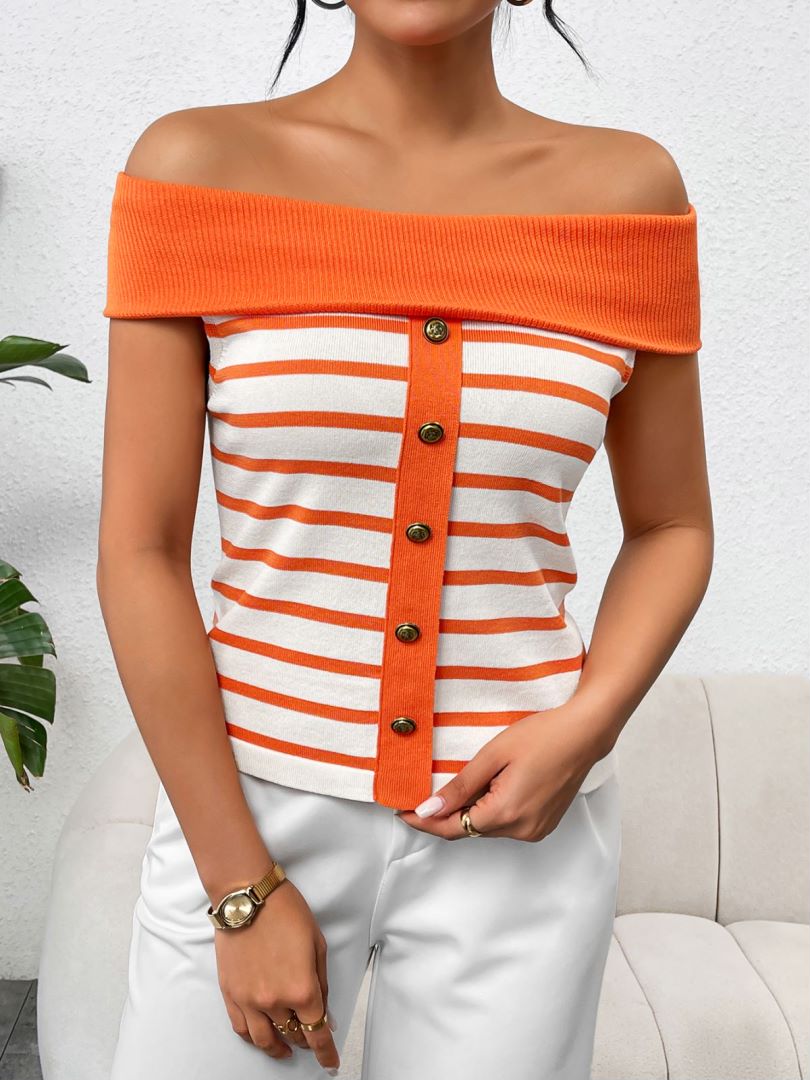 Striped Off Shoulder Button Front Knit Top - Orange - 2