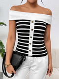 Striped Off Shoulder Button Front Knit Top - White