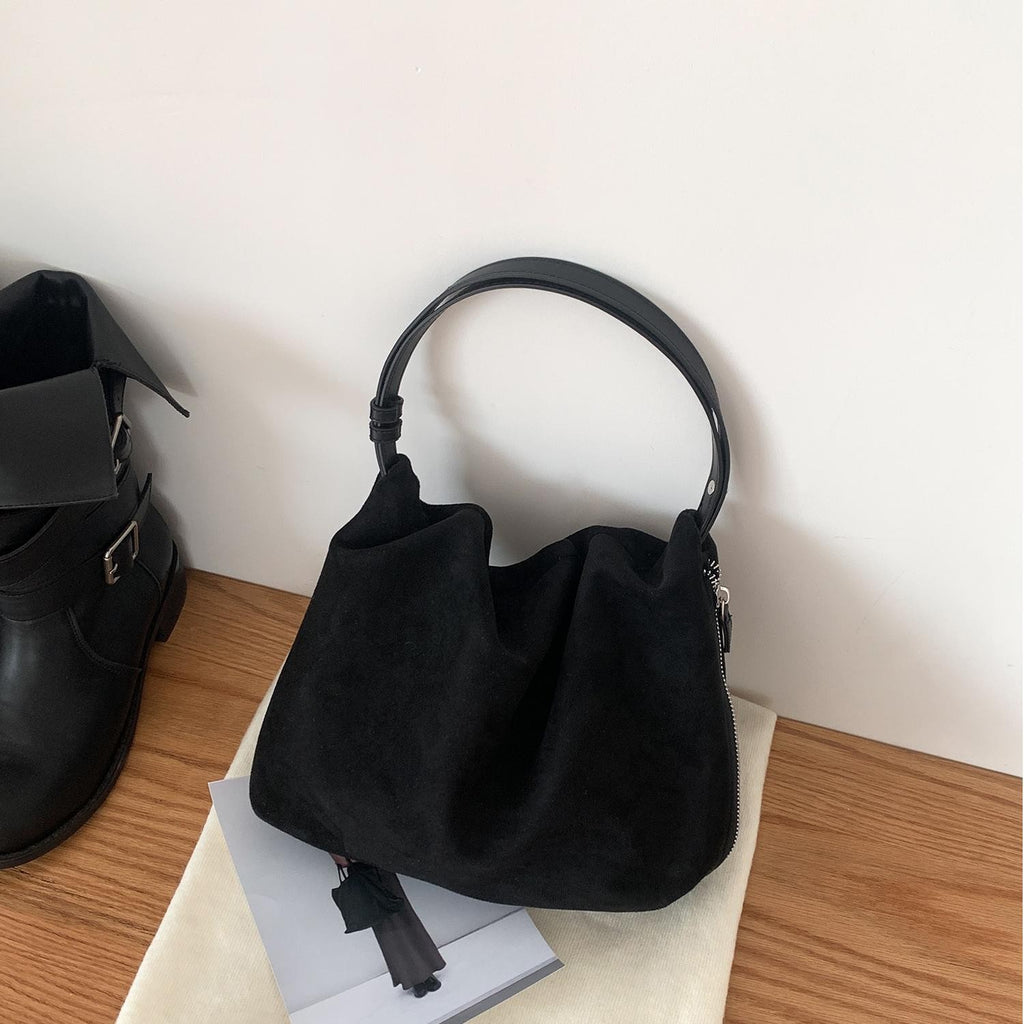 Ruched Faux Suede Slouch Shoulder Bag - Black