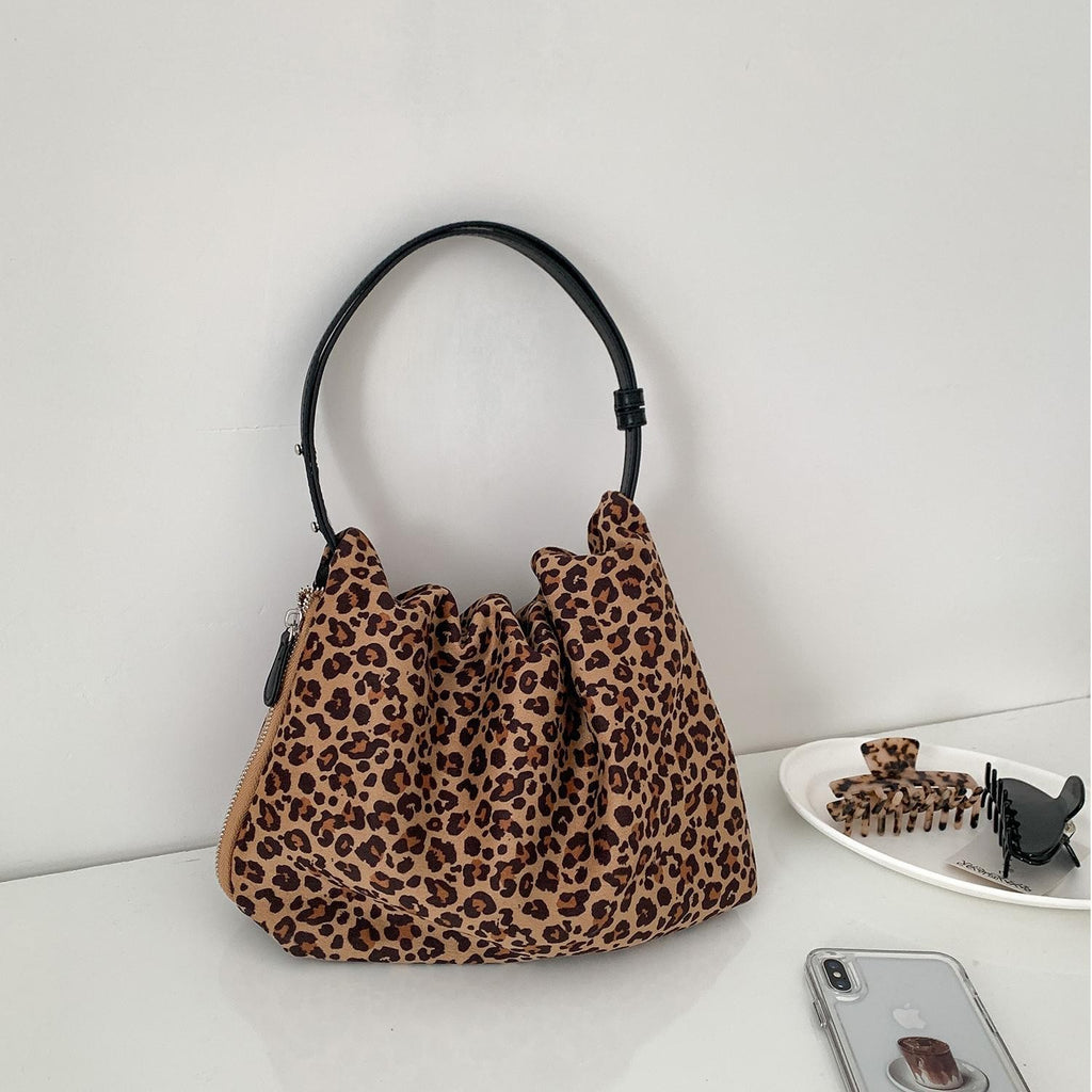 Ruched Faux Suede Slouch Shoulder Bag - Leopard