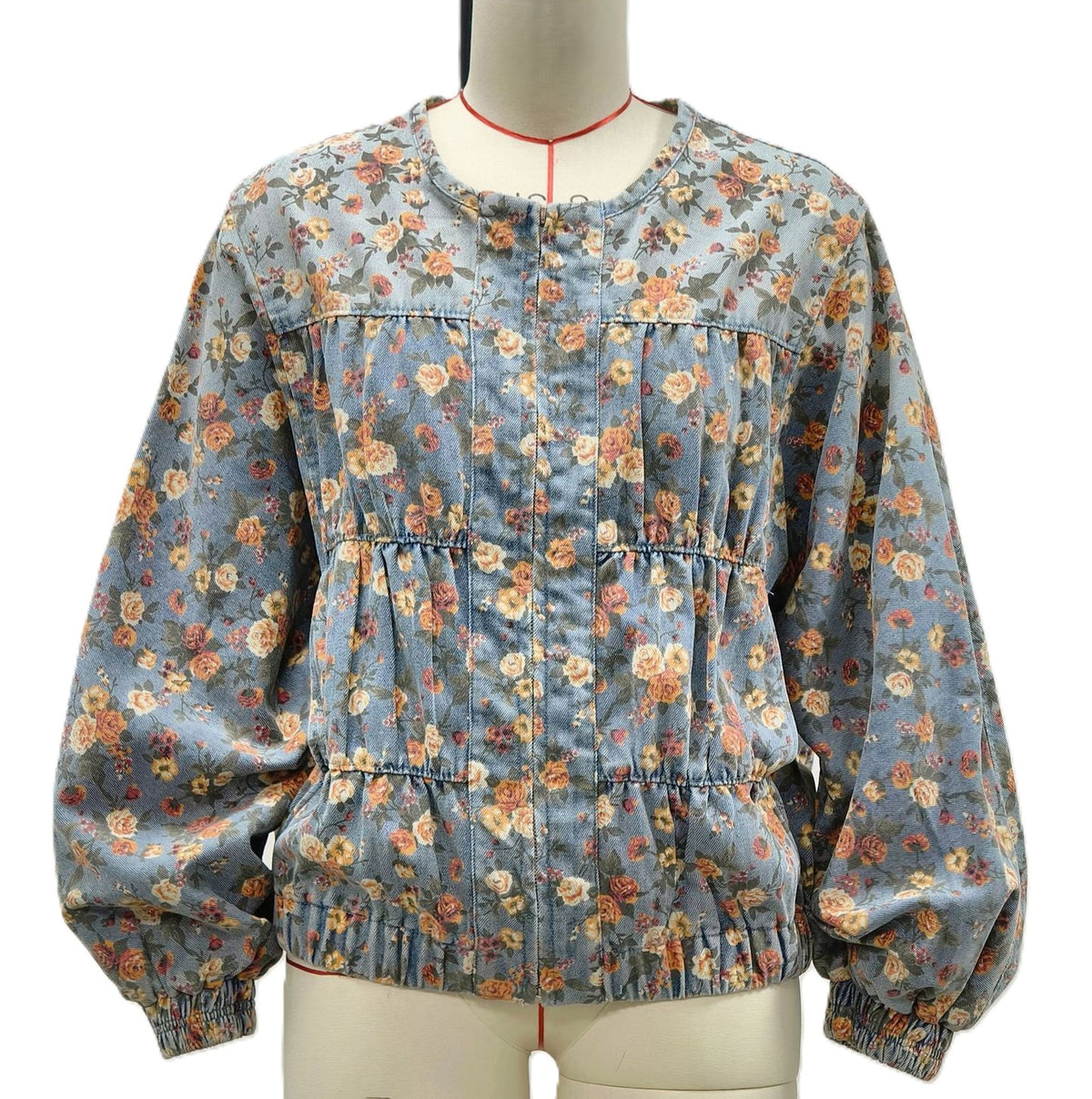 Floral Print Shirred Denim Bomber Jacket - Greyblue