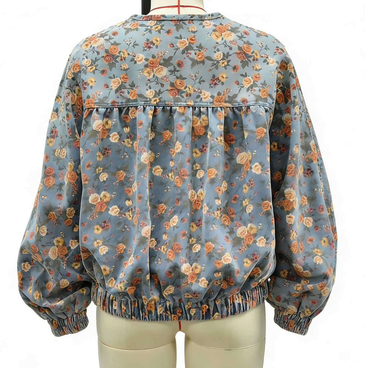 Floral Print Shirred Denim Bomber Jacket - Greyblue - 1