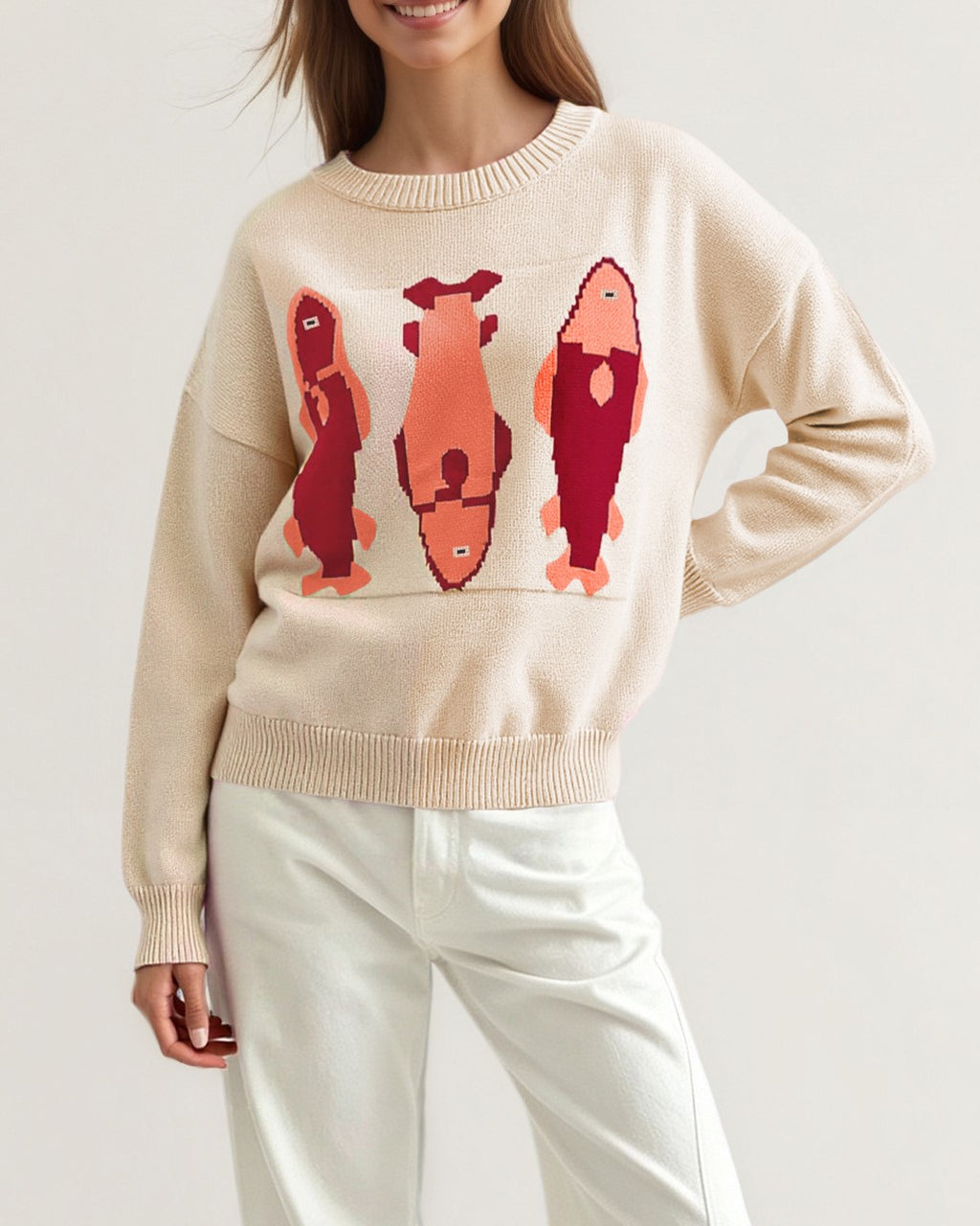 Fish Intarsia Crew Neck Knit Sweater Relaxed Fit - Apricot