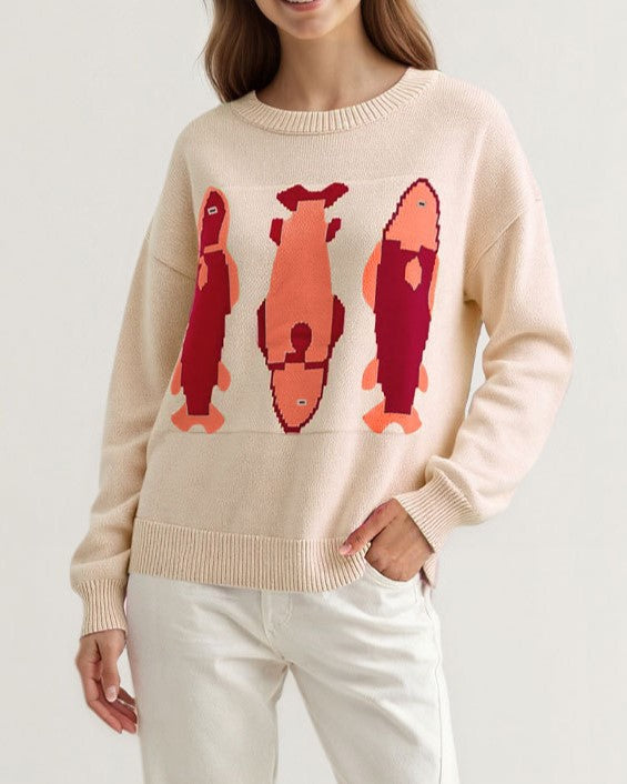 Fish Intarsia Crew Neck Knit Sweater Relaxed Fit - Apricot - 1