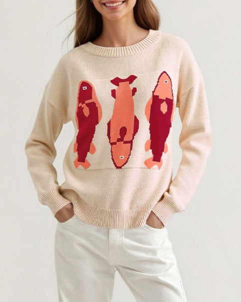 Fish Intarsia Crew Neck Knit Sweater Relaxed Fit - Apricot - 2