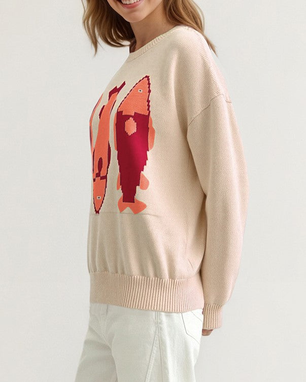 Fish Intarsia Crew Neck Knit Sweater Relaxed Fit - Apricot - 3