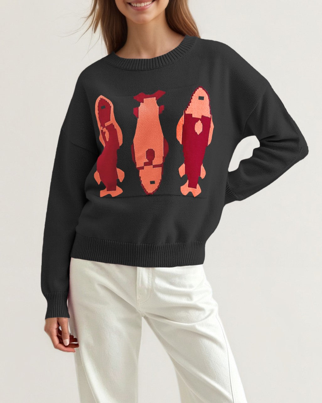 Fish Intarsia Crew Neck Knit Sweater Relaxed Fit - Black