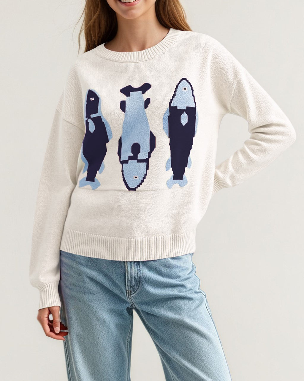 Fish Intarsia Crew Neck Knit Sweater Relaxed Fit - White