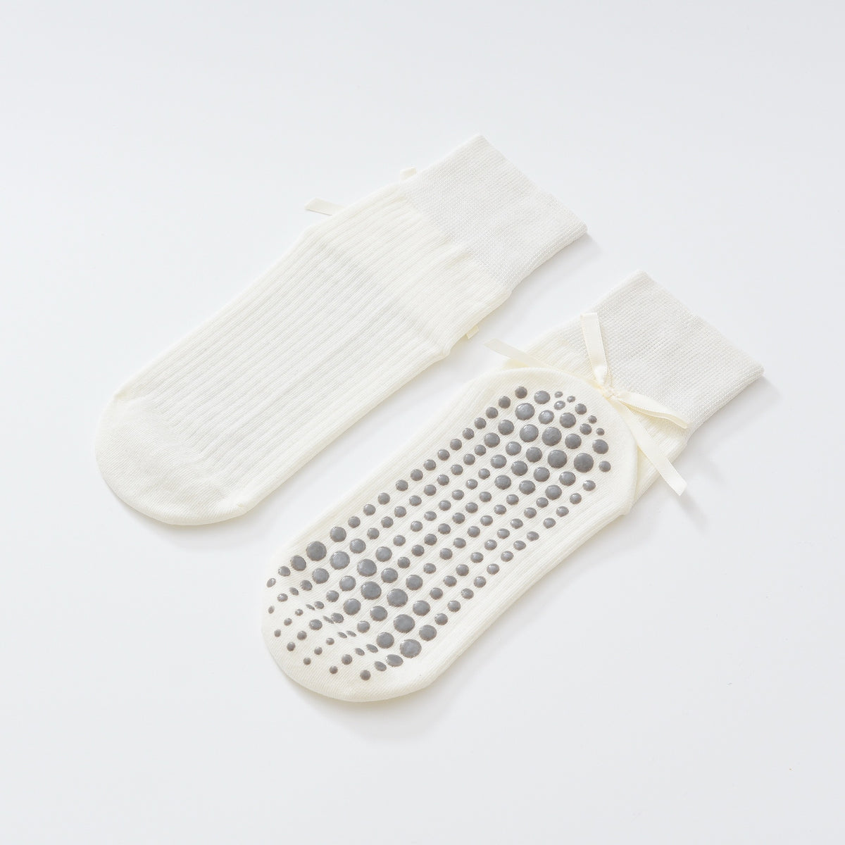 Satin Ribbon Ribbed Crew Grip Socks - Beige