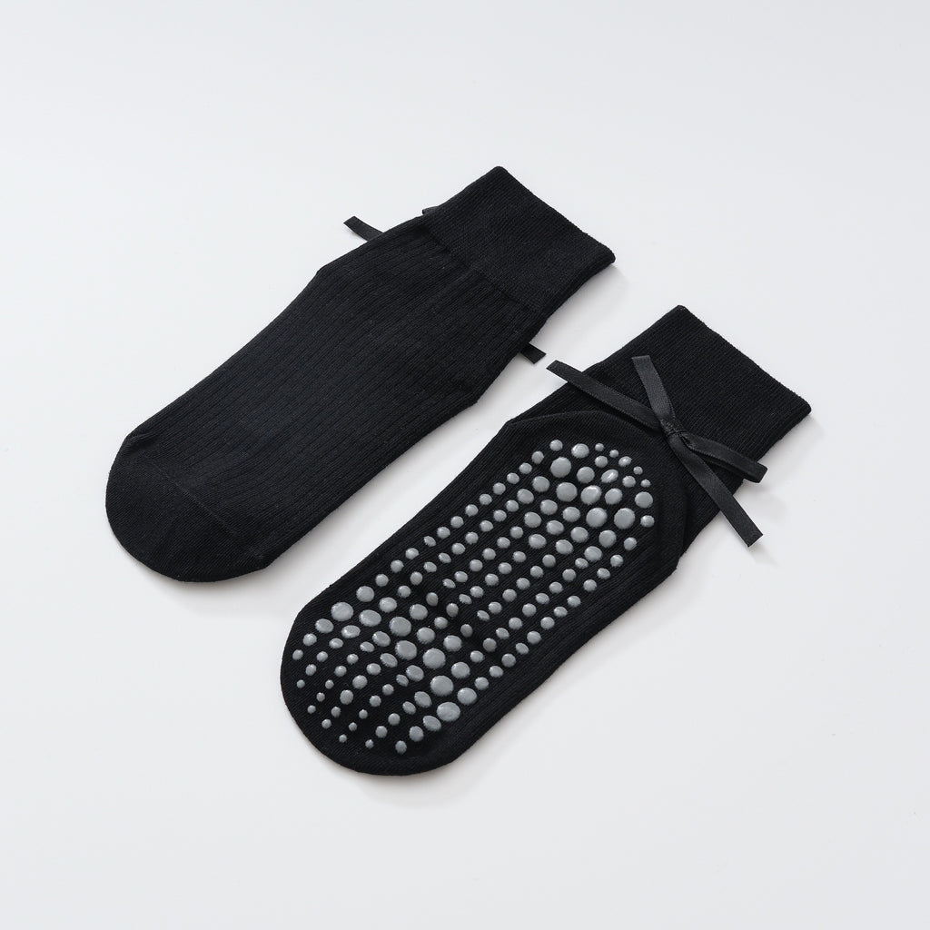 Satin Ribbon Ribbed Crew Grip Socks - Black
