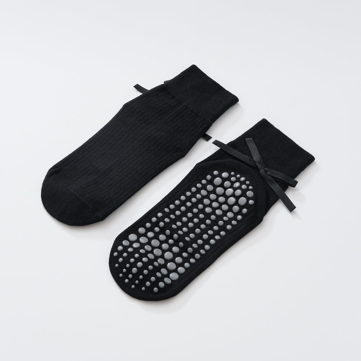 Satin Ribbon Ribbed Crew Grip Socks - Black