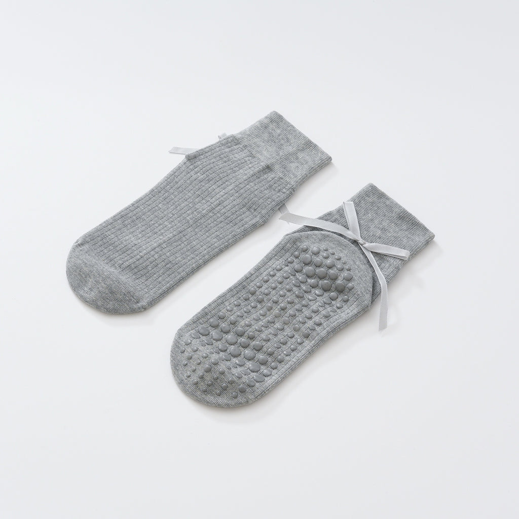 Satin Ribbon Ribbed Crew Grip Socks - Grey