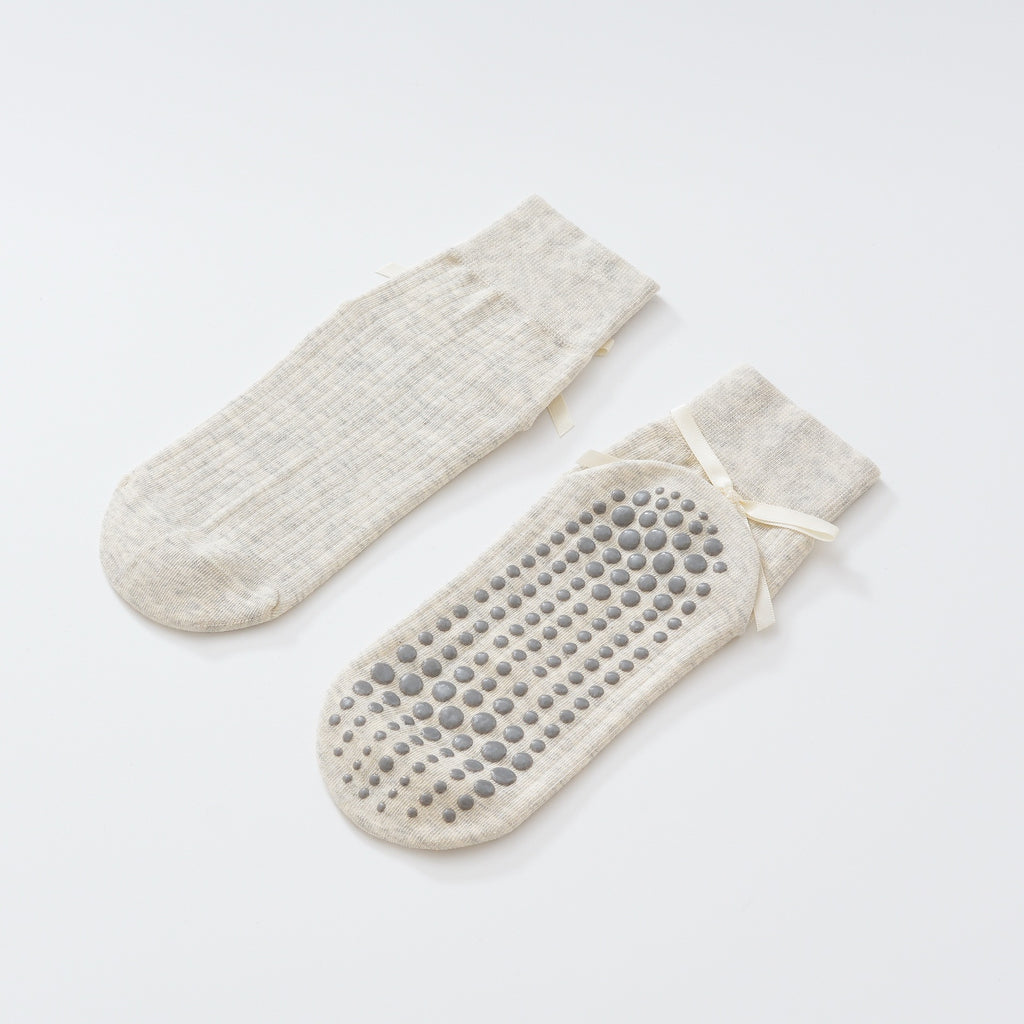 Satin Ribbon Ribbed Crew Grip Socks - Oats