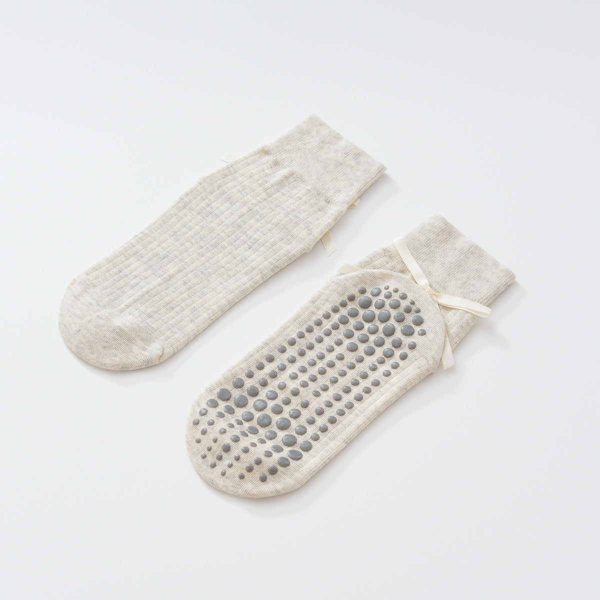 Satin Ribbon Ribbed Crew Grip Socks - Oats