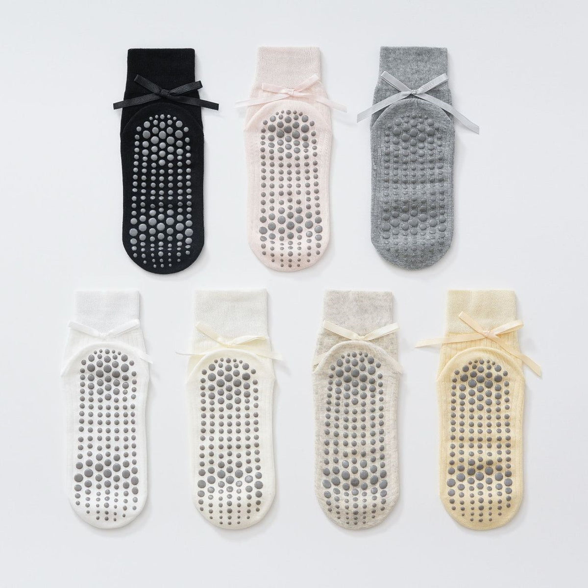 Satin Ribbon Ribbed Crew Grip Socks - White