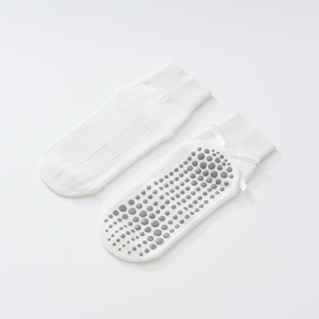 Satin Ribbon Ribbed Crew Grip Socks - White - 1