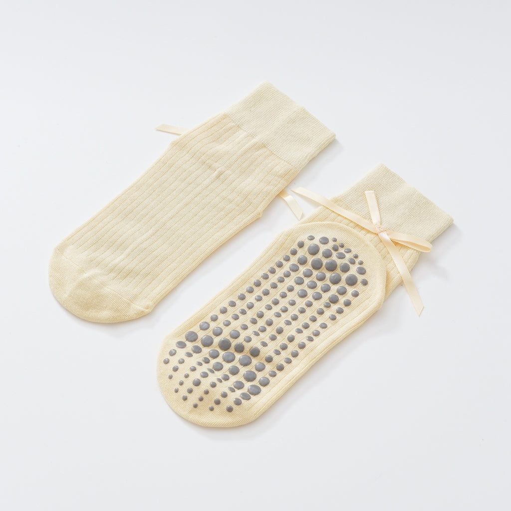 Satin Ribbon Ribbed Crew Grip Socks - Yellow