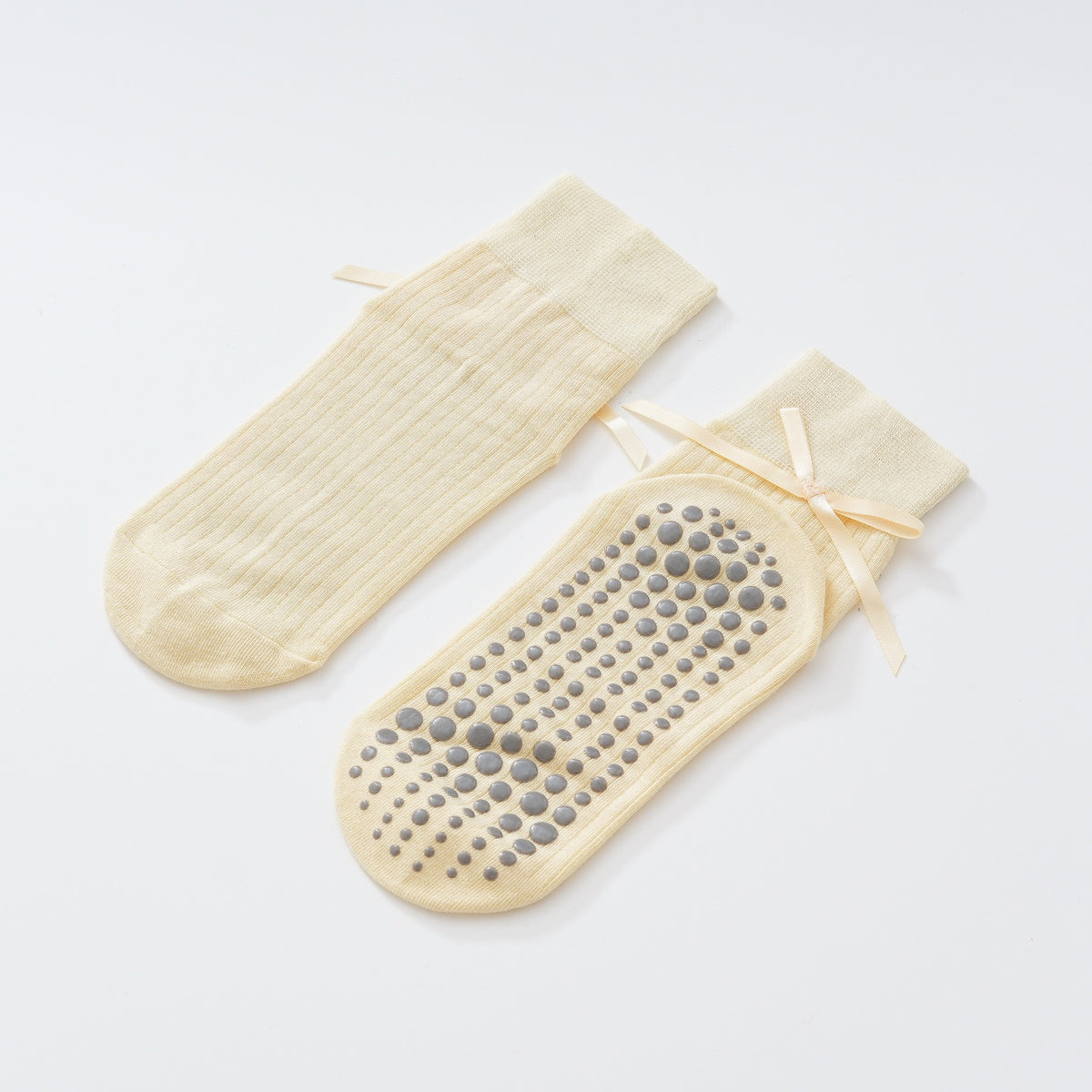 Satin Ribbon Ribbed Crew Grip Socks - Yellow