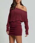 Off Shoulder Ruched Bodycon Mini Dress - Winered
