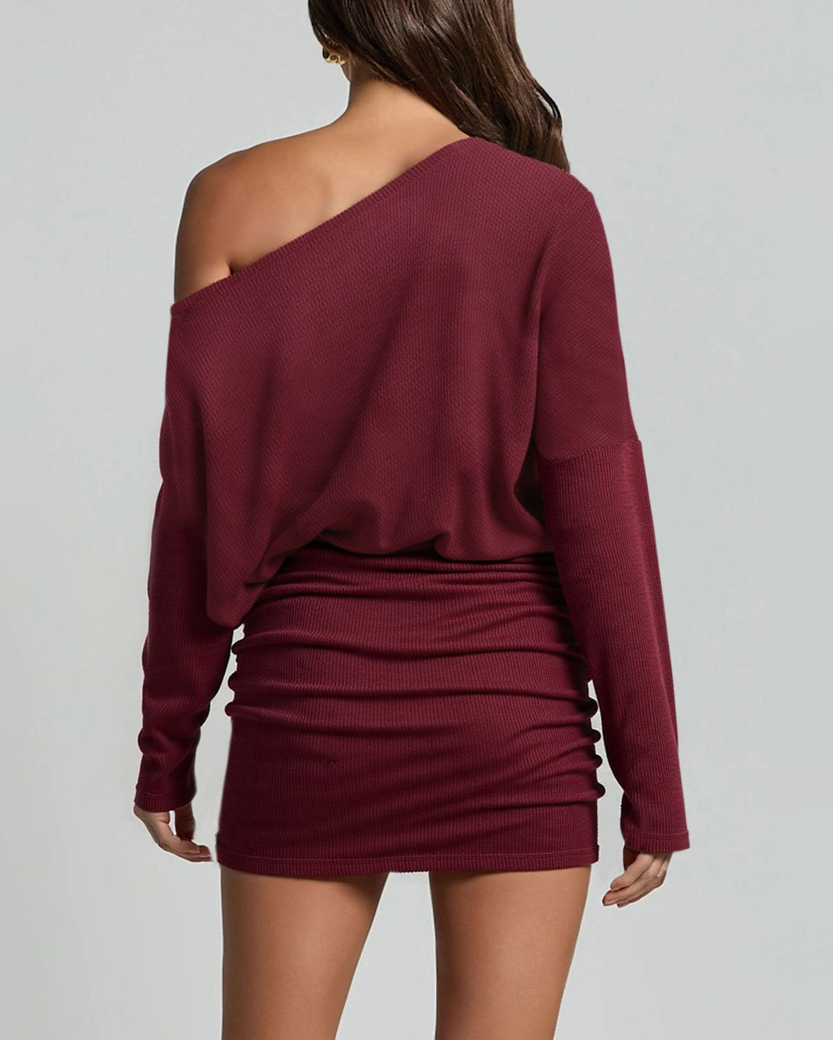 Off Shoulder Ruched Bodycon Mini Dress - Winered - 1