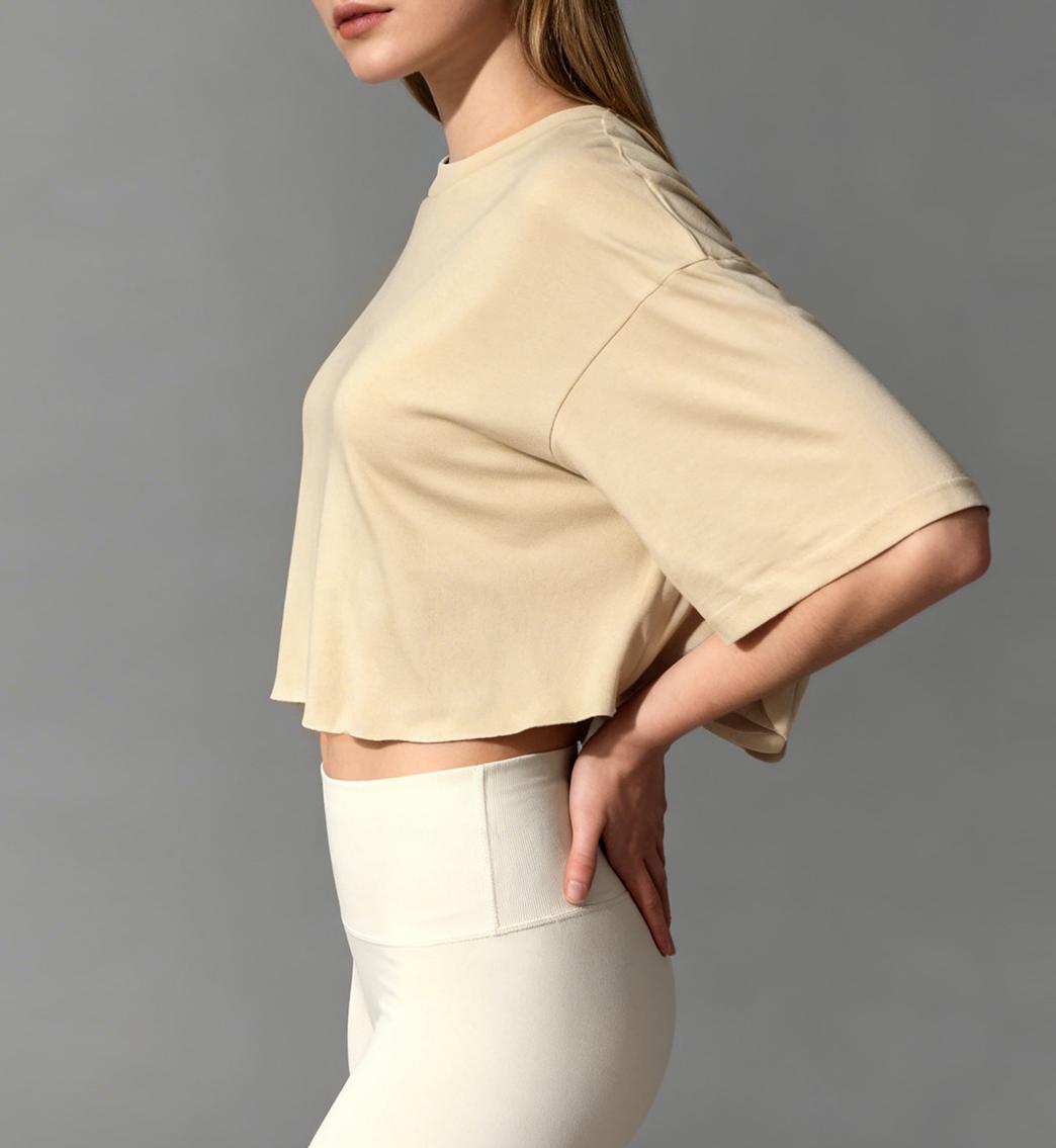 Oversized Boxy Cropped Workout Tee - Beige - 1