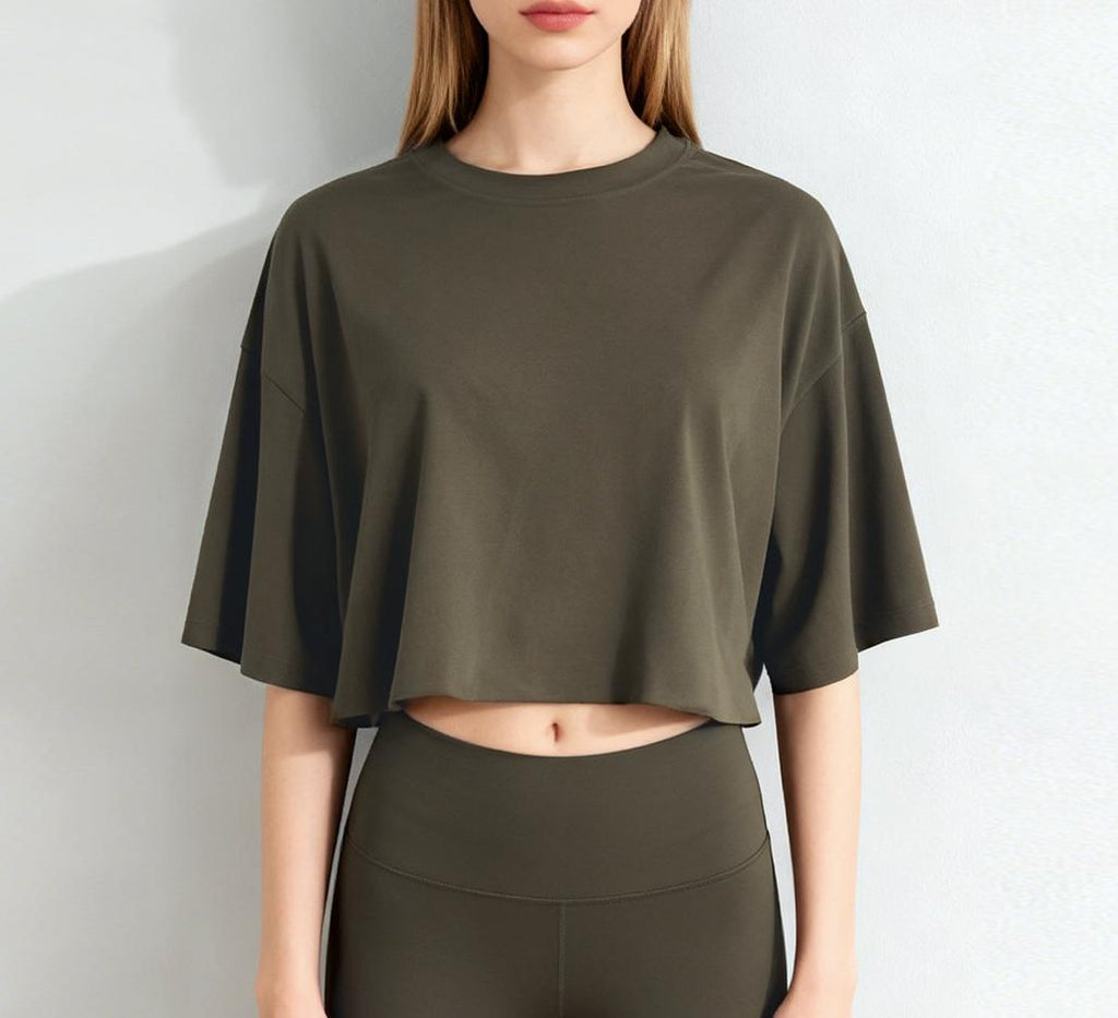Oversized Boxy Cropped Workout Tee - Dgreen - 1