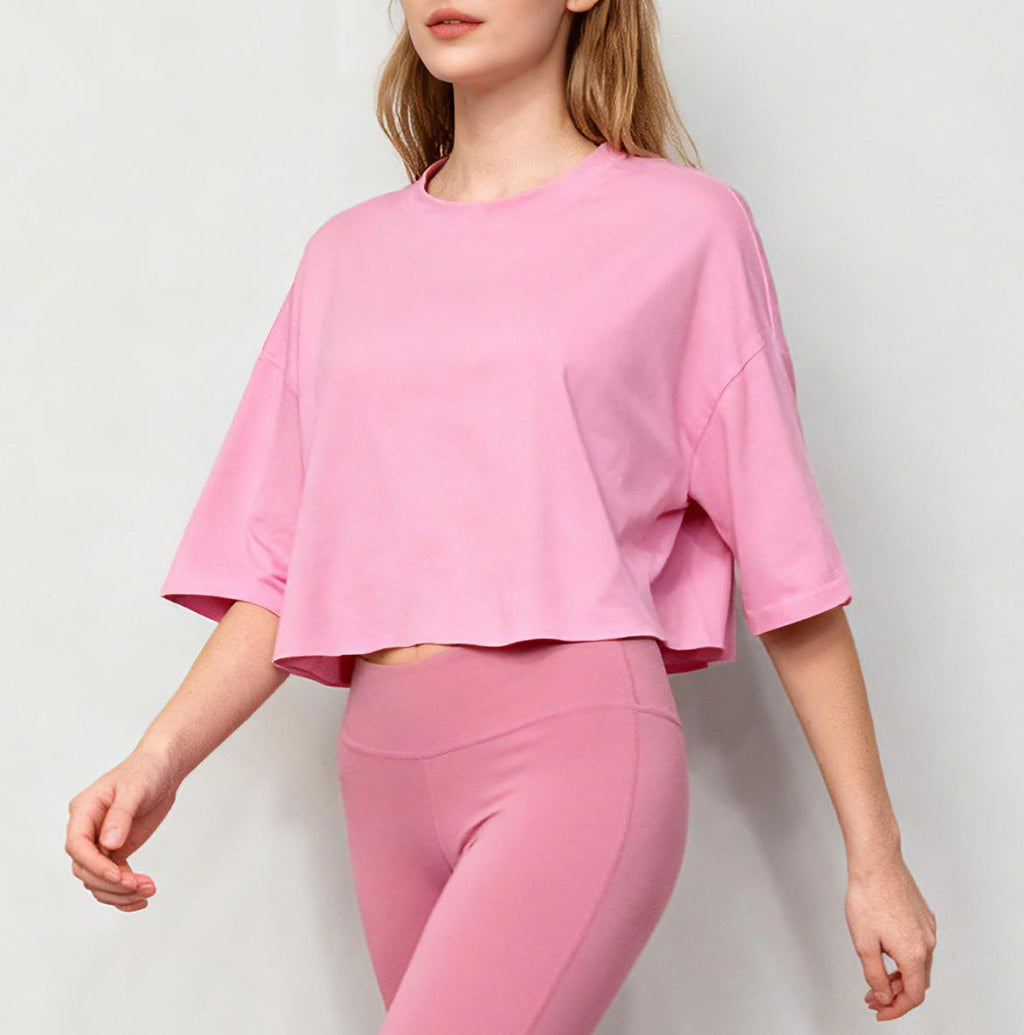 Oversized Boxy Cropped Workout Tee - Pink - 1