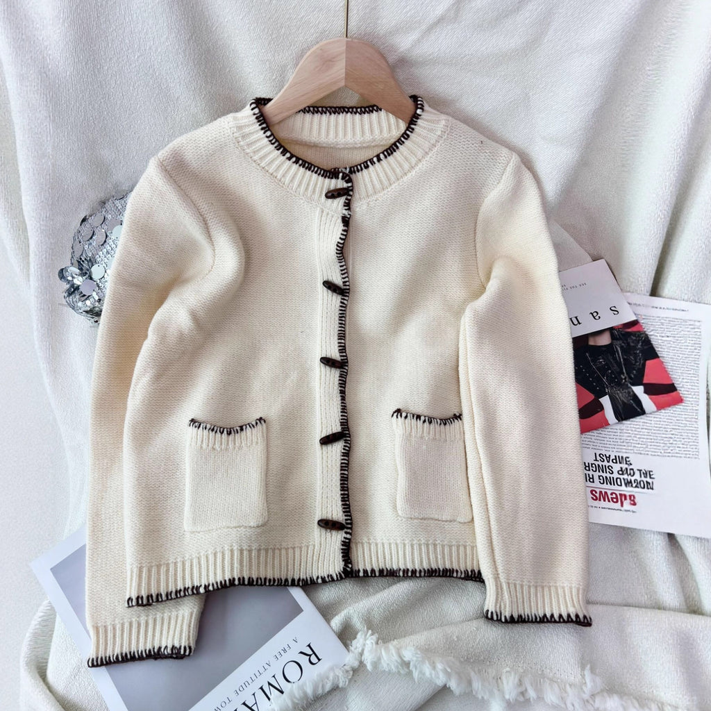 Contrast Trim Crew Neck Knit Cardigan - Beige