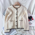 Contrast Trim Crew Neck Knit Cardigan - Beige