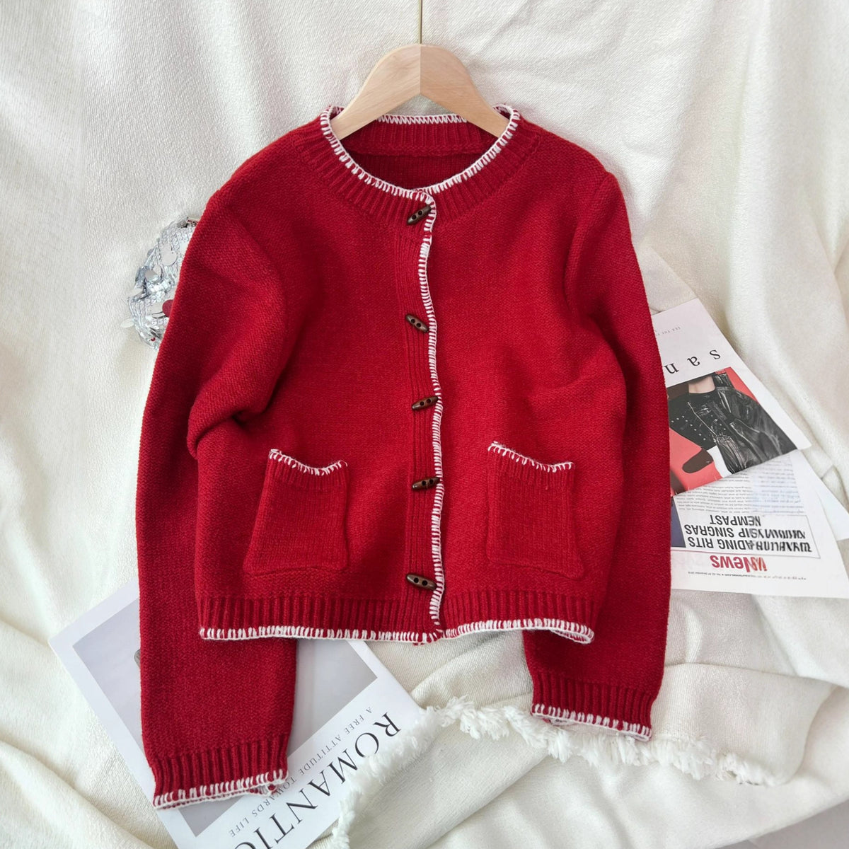 Contrast Trim Crew Neck Knit Cardigan - Red